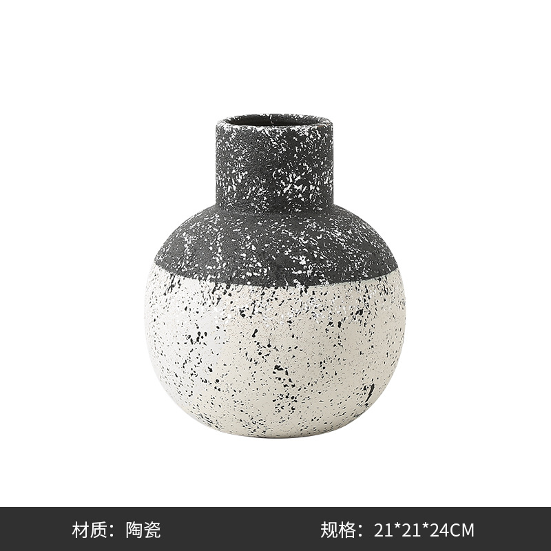 New Chinese style modern black and white textured round ceramic vase model room, clubhouse, living room, dry flower vase, soft decoration