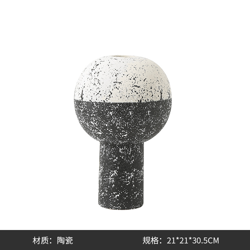 New Chinese style modern black and white textured round ceramic vase model room, clubhouse, living room, dry flower vase, soft decoration