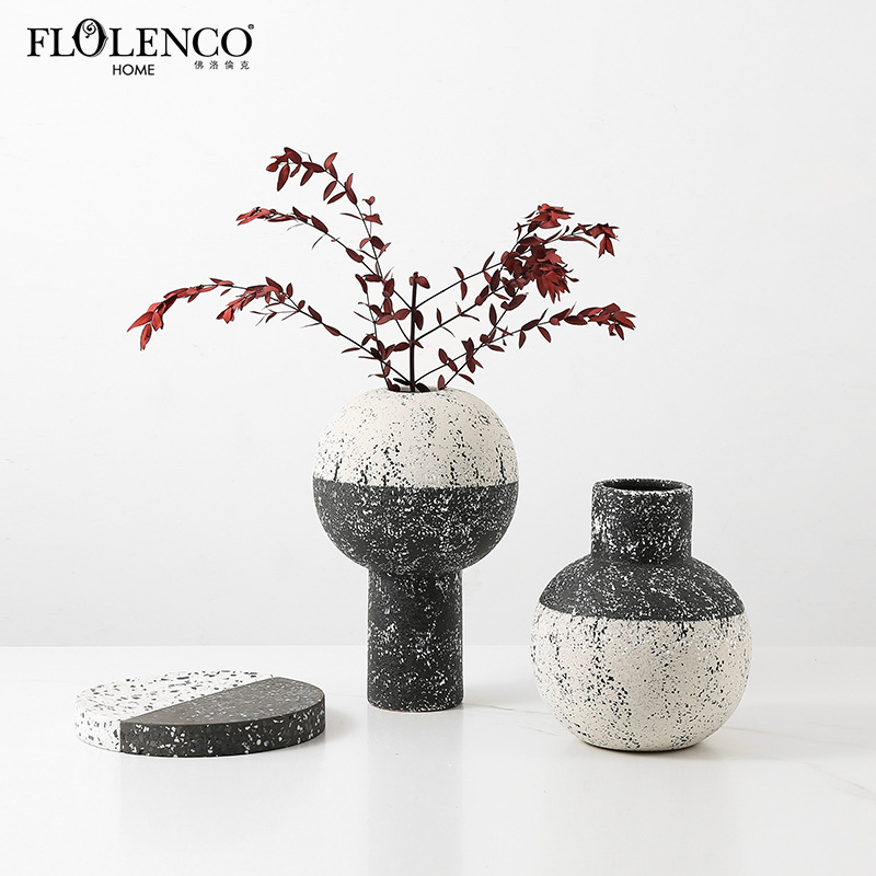 New Chinese style modern black and white textured round ceramic vase model room, clubhouse, living room, dry flower vase, soft decoration