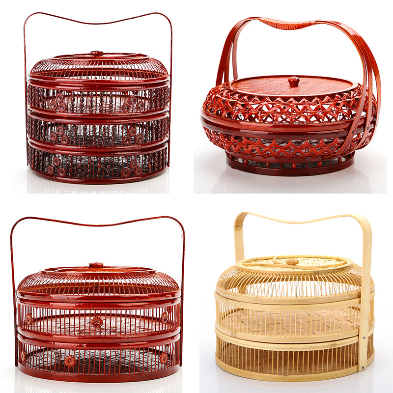 Bamboo products, mooncake basket, carrying basket, wedding gift box, bamboo weaving, multi-layer rice delivery, bamboo basket, red antique carrying box, food box