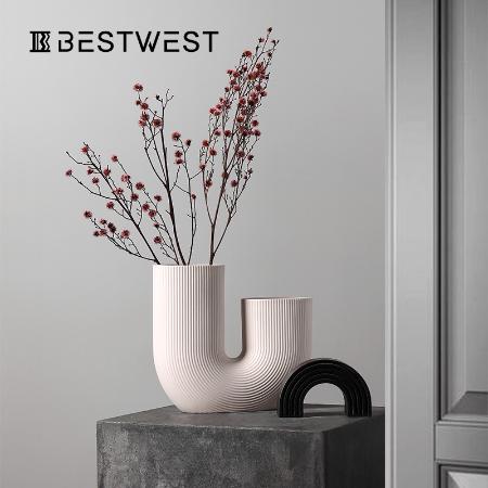 Soft Decoration Light Luxury Design U-shaped Pink Ceramic Vase Home Living Room Model Room Dry Flower Set Decoration Wholesale