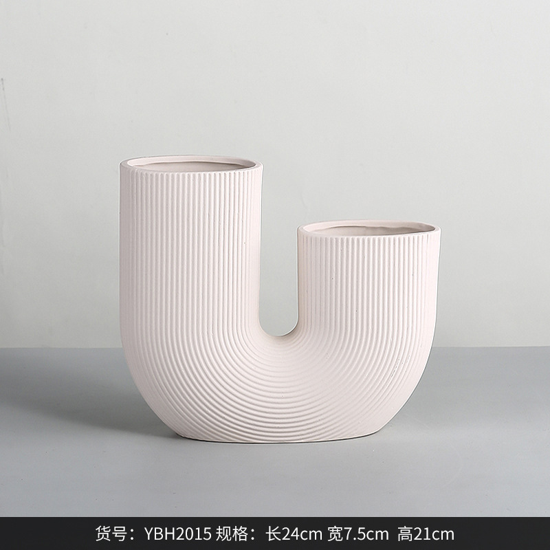 Soft Decoration Light Luxury Design U-shaped Pink Ceramic Vase Home Living Room Model Room Dry Flower Set Decoration Wholesale