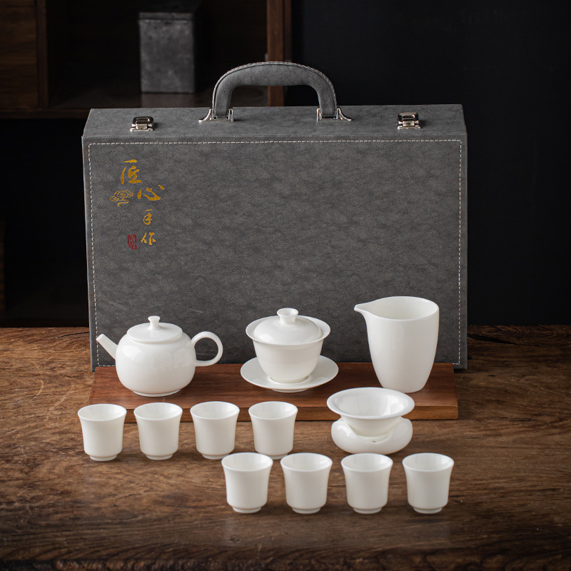 13 piece Dehua Sheep Fat Jade White Porcelain Kung Fu Tea Set Wholesale High end Leather Box Business Gift Teapot Cover Bowl