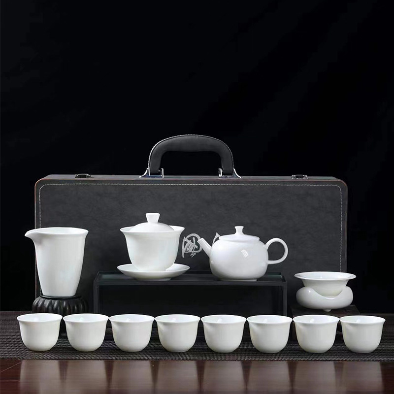 13 piece Dehua Sheep Fat Jade White Porcelain Kung Fu Tea Set Wholesale High end Leather Box Business Gift Teapot Cover Bowl