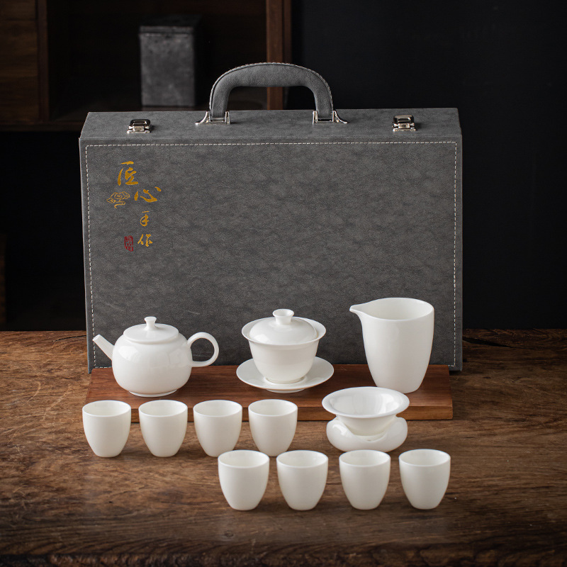 13 piece Dehua Sheep Fat Jade White Porcelain Kung Fu Tea Set Wholesale High end Leather Box Business Gift Teapot Cover Bowl