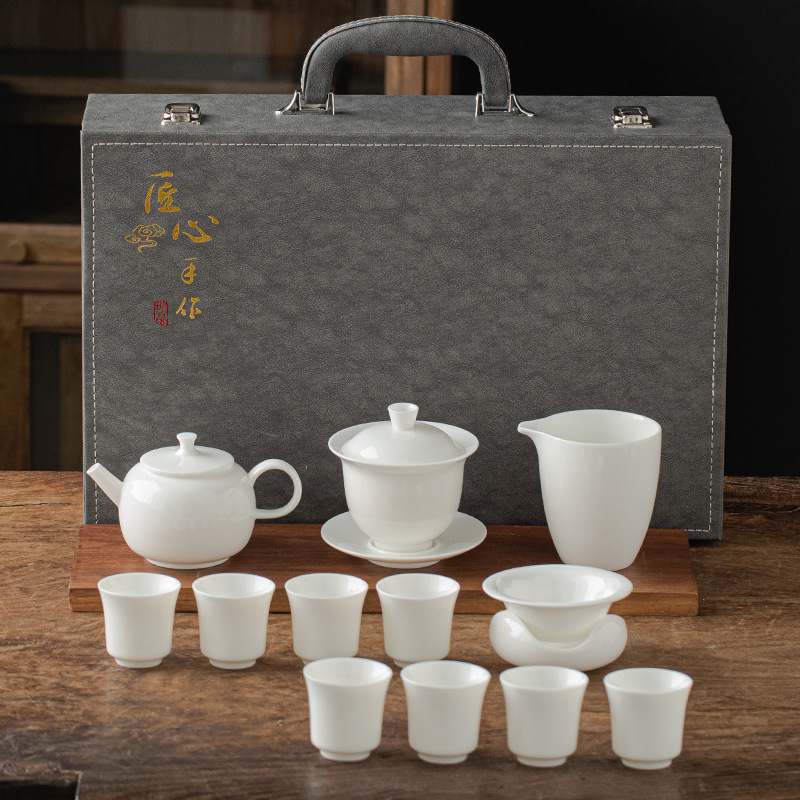 13 piece Dehua Sheep Fat Jade White Porcelain Kung Fu Tea Set Wholesale High end Leather Box Business Gift Teapot Cover Bowl