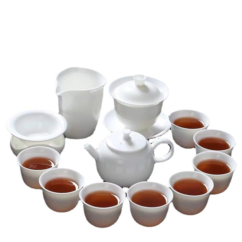 13 piece Dehua Sheep Fat Jade White Porcelain Kung Fu Tea Set Wholesale High end Leather Box Business Gift Teapot Cover Bowl