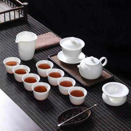 13 piece Dehua Sheep Fat Jade White Porcelain Kung Fu Tea Set Wholesale High end Leather Box Business Gift Teapot Cover Bowl