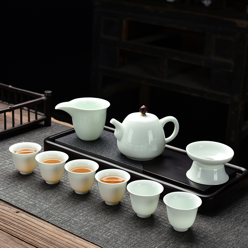 Opening Gift Kung Fu Tea Set Wholesale Logo Printing Home Sheep Fat Jade Ceramic Three Talent Bowl Teapot Set