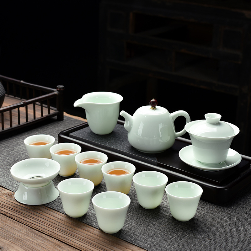 Opening Gift Kung Fu Tea Set Wholesale Logo Printing Home Sheep Fat Jade Ceramic Three Talent Bowl Teapot Set