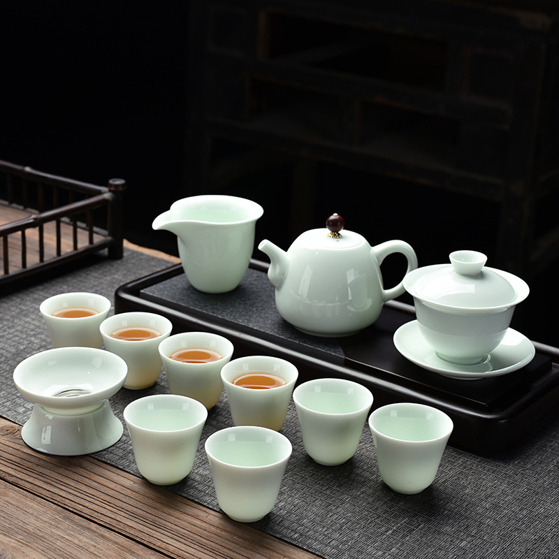 Opening Gift Kung Fu Tea Set Wholesale Logo Printing Home Sheep Fat Jade Ceramic Three Talent Bowl Teapot Set