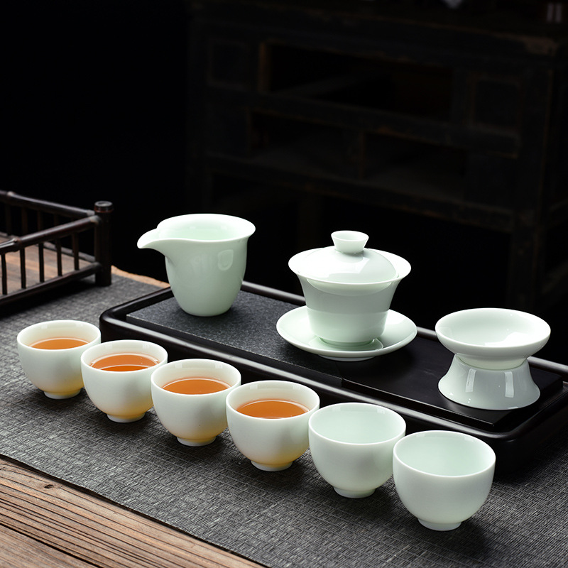 Opening Gift Kung Fu Tea Set Wholesale Logo Printing Home Sheep Fat Jade Ceramic Three Talent Bowl Teapot Set