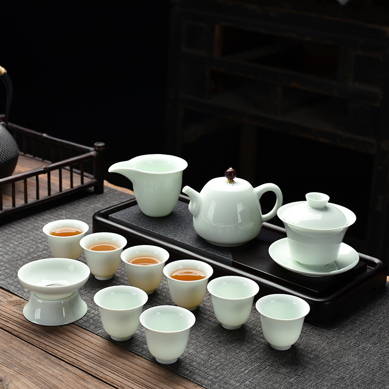 Opening Gift Kung Fu Tea Set Wholesale Logo Printing Home Sheep Fat Jade Ceramic Three Talent Bowl Teapot Set