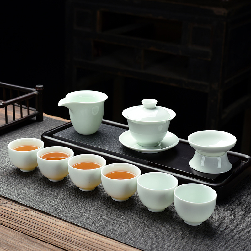 Opening Gift Kung Fu Tea Set Wholesale Logo Printing Home Sheep Fat Jade Ceramic Three Talent Bowl Teapot Set