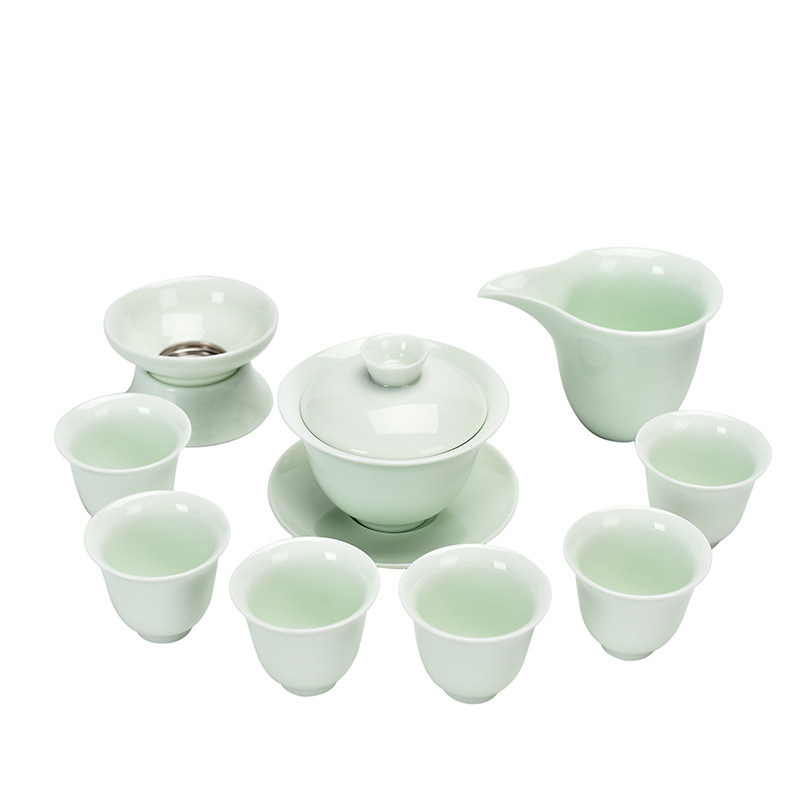 Opening Gift Kung Fu Tea Set Wholesale Logo Printing Home Sheep Fat Jade Ceramic Three Talent Bowl Teapot Set