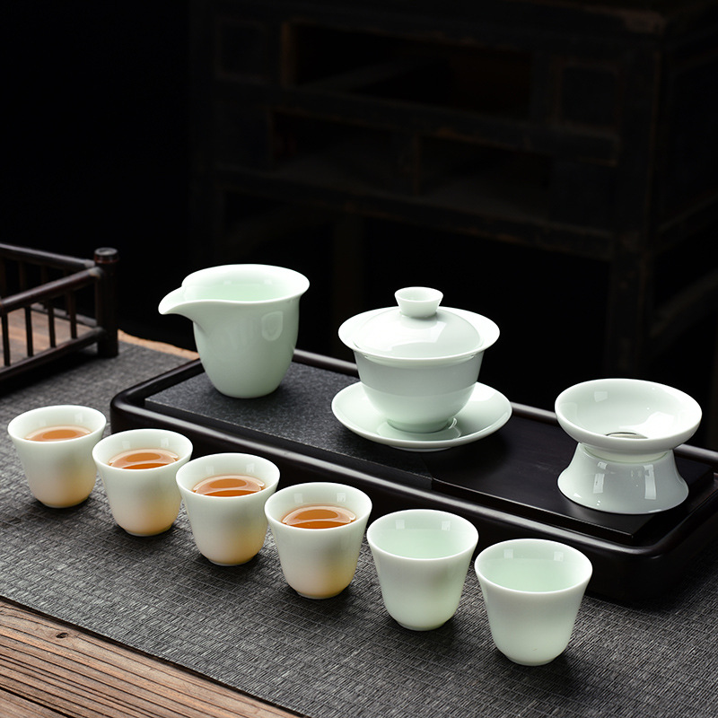 Opening Gift Kung Fu Tea Set Wholesale Logo Printing Home Sheep Fat Jade Ceramic Three Talent Bowl Teapot Set