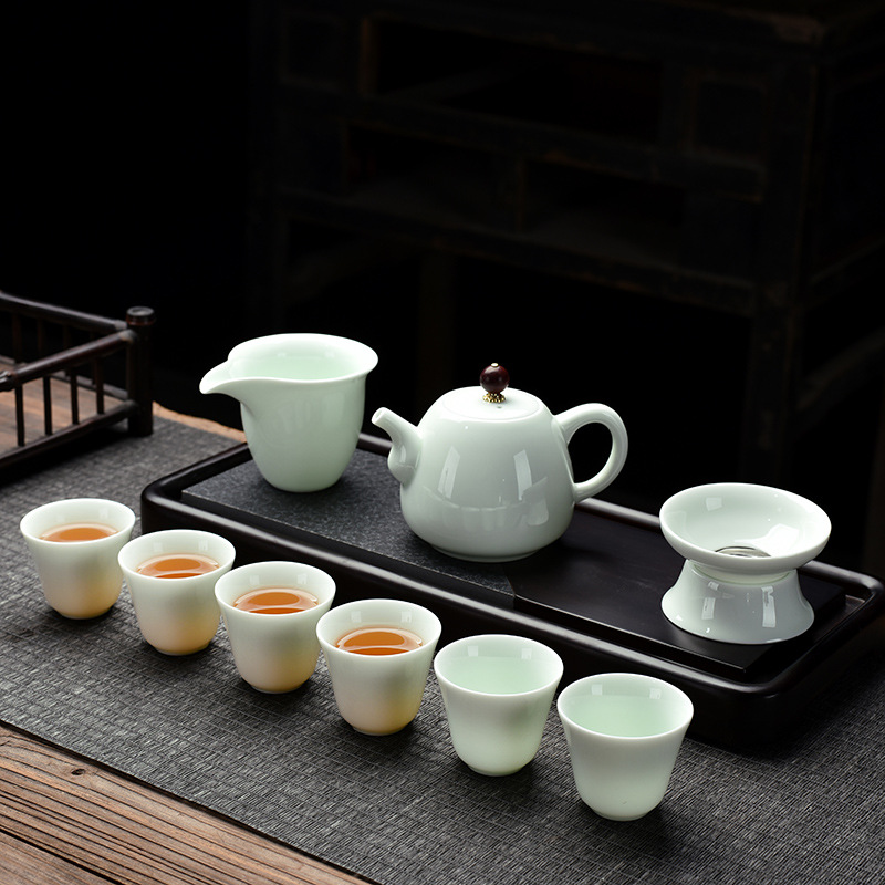 Opening Gift Kung Fu Tea Set Wholesale Logo Printing Home Sheep Fat Jade Ceramic Three Talent Bowl Teapot Set