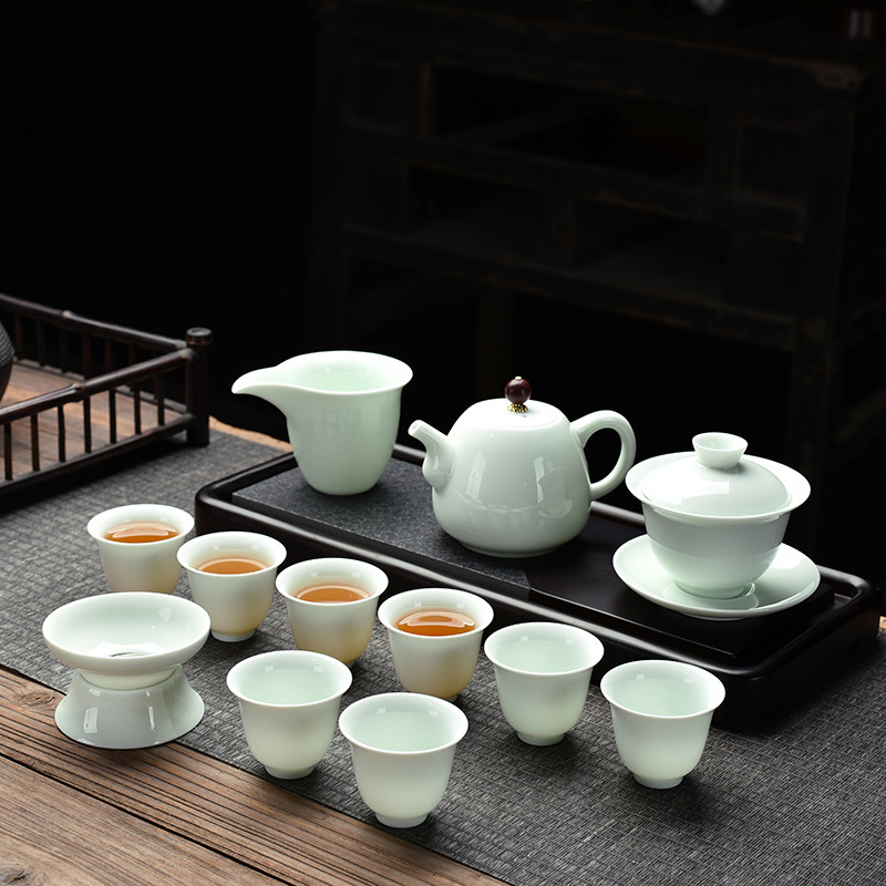 Opening Gift Kung Fu Tea Set Wholesale Logo Printing Home Sheep Fat Jade Ceramic Three Talent Bowl Teapot Set