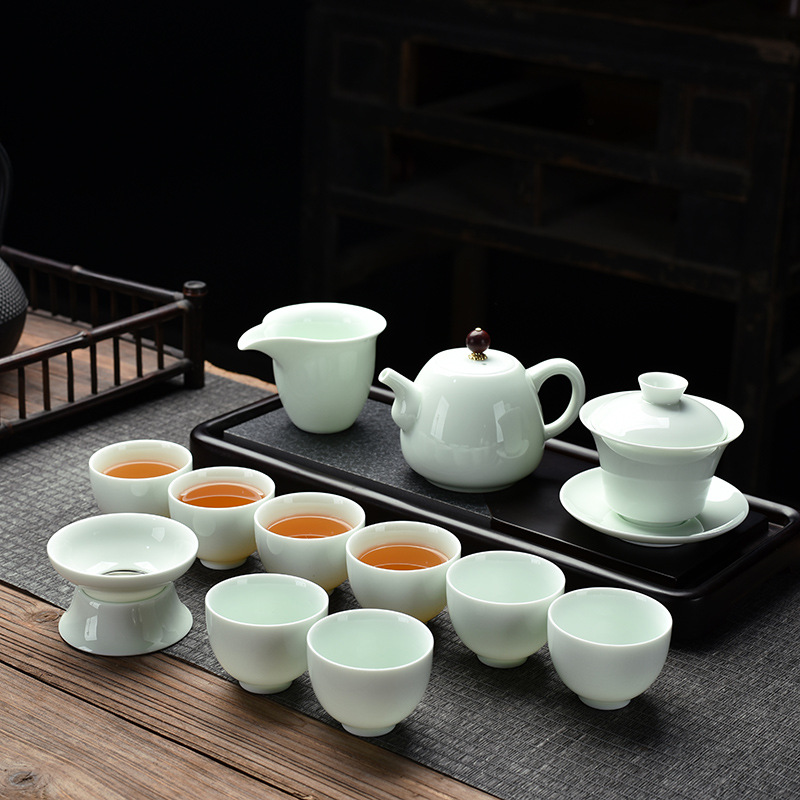 Opening Gift Kung Fu Tea Set Wholesale Logo Printing Home Sheep Fat Jade Ceramic Three Talent Bowl Teapot Set