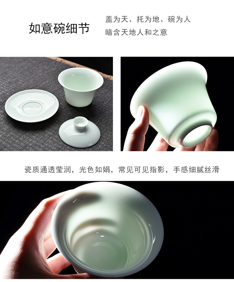 Opening Gift Kung Fu Tea Set Wholesale Logo Printing Home Sheep Fat Jade Ceramic Three Talent Bowl Teapot Set