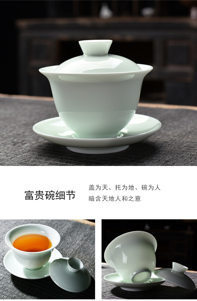 Opening Gift Kung Fu Tea Set Wholesale Logo Printing Home Sheep Fat Jade Ceramic Three Talent Bowl Teapot Set