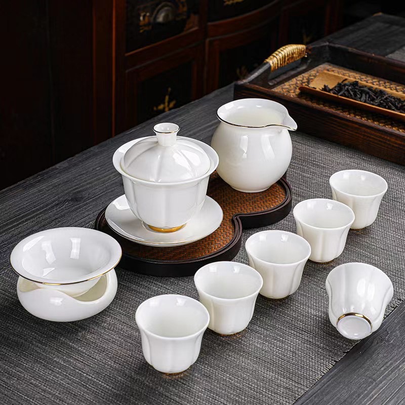 Dehua Sheep Fat Jade Pig Oil White Painting Gold Tea Set Leather Box Suitcase Business Gift White Porcelain Cover Bowl Tea Maker