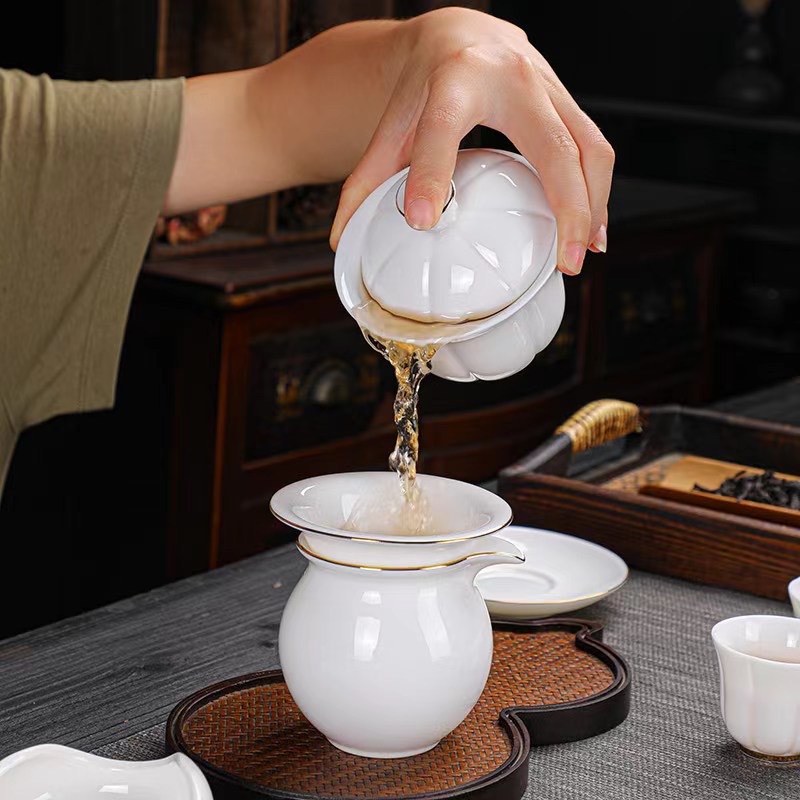 Dehua Sheep Fat Jade Pig Oil White Painting Gold Tea Set Leather Box Suitcase Business Gift White Porcelain Cover Bowl Tea Maker