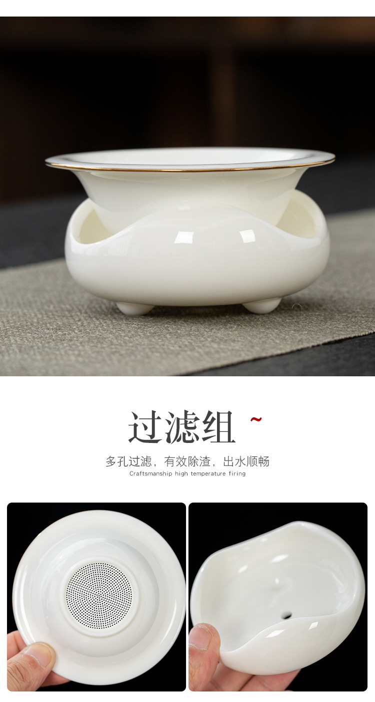 Dehua Sheep Fat Jade Pig Oil White Painting Gold Tea Set Leather Box Suitcase Business Gift White Porcelain Cover Bowl Tea Maker