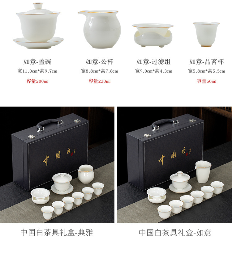 Dehua Sheep Fat Jade Pig Oil White Painting Gold Tea Set Leather Box Suitcase Business Gift White Porcelain Cover Bowl Tea Maker