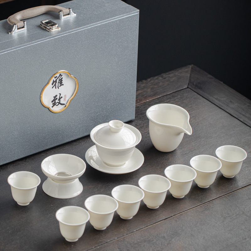 Dehua Yangzhi Jade White Porcelain Kung Fu Tea Set Wholesale with printable company logo Opening Gift Set Set Gift Box Set