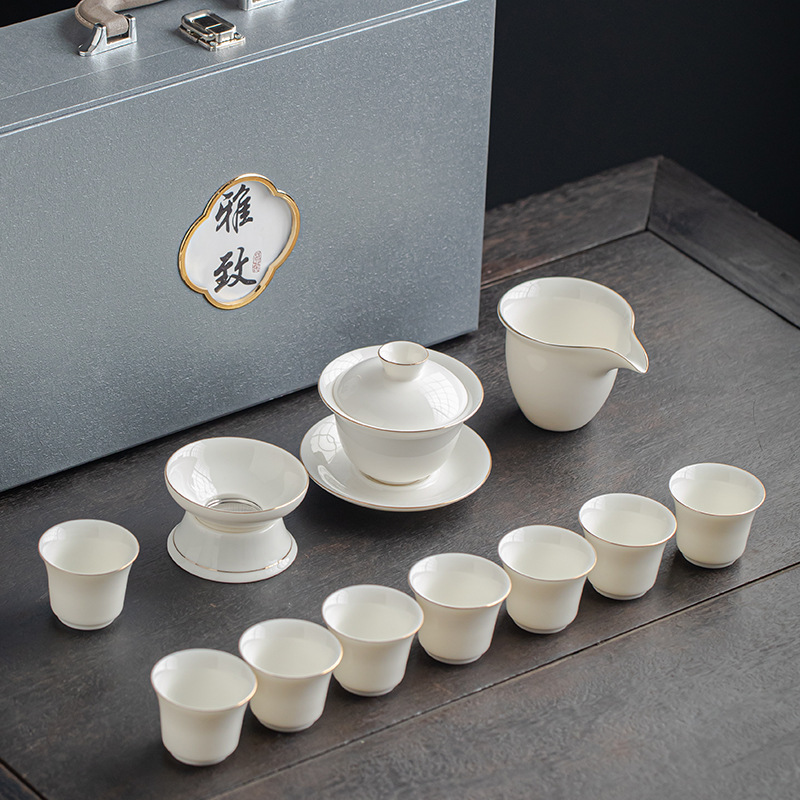 Dehua Yangzhi Jade White Porcelain Kung Fu Tea Set Wholesale with printable company logo Opening Gift Set Set Gift Box Set