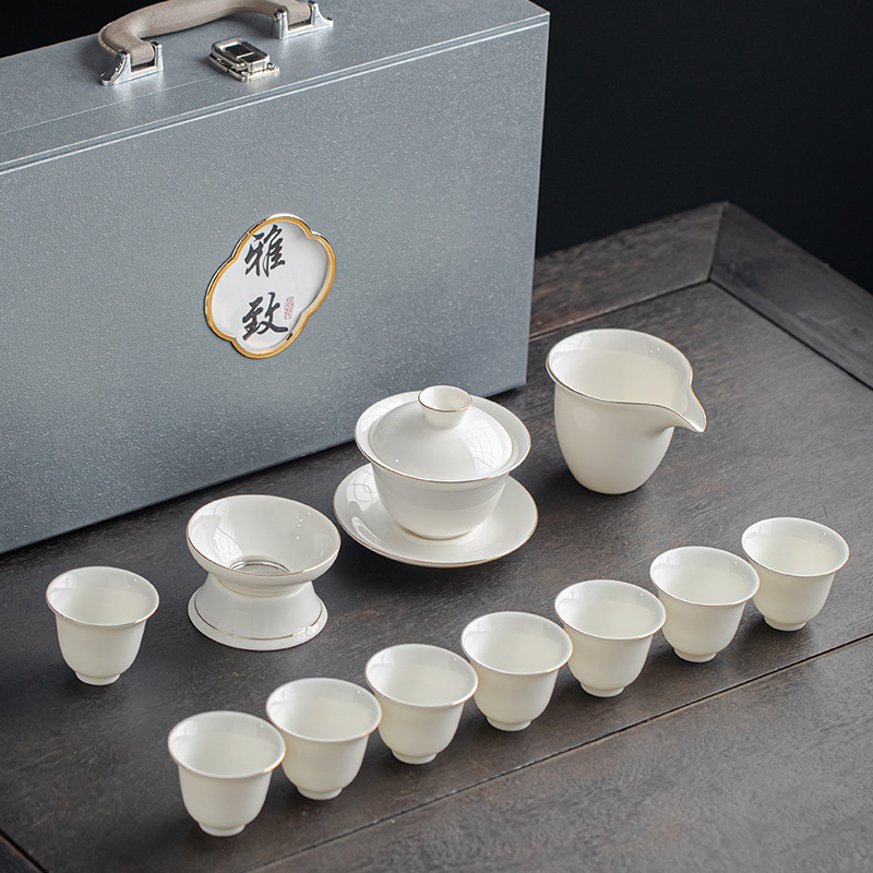 Dehua Yangzhi Jade White Porcelain Kung Fu Tea Set Wholesale with printable company logo Opening Gift Set Set Gift Box Set