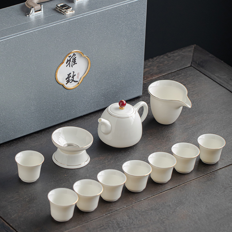 Dehua Yangzhi Jade White Porcelain Kung Fu Tea Set Wholesale with printable company logo Opening Gift Set Set Gift Box Set