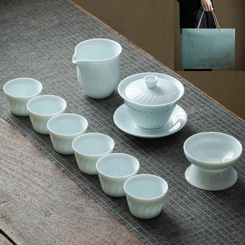 Gift Kung Fu Tea Set Wholesale Household Logo Cover Bowl Beam Pot Opening Dehua Ceramic Tea Set