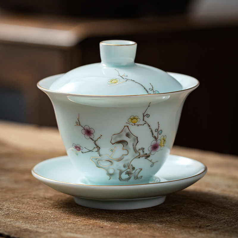 Yangzhi Jade White Porcelain Sancai Lid Bowl Plum Orchid Bamboo Chrysanthemum Mountain Water Single Gold Drawing Large Tea Bowl Ceramic Utensils Wholesale