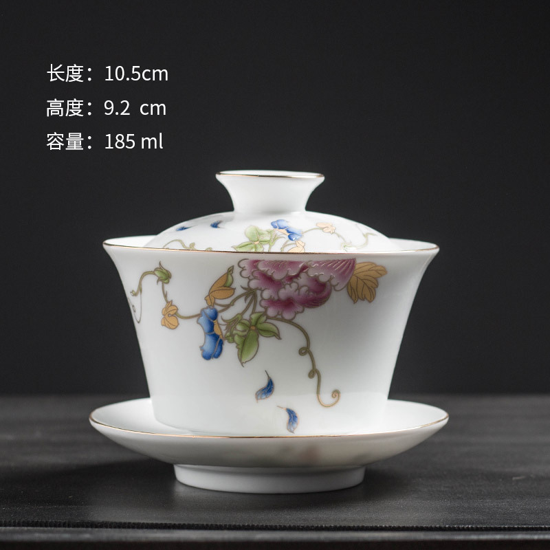 Yangzhi Jade White Porcelain Sancai Lid Bowl Plum Orchid Bamboo Chrysanthemum Mountain Water Single Gold Drawing Large Tea Bowl Ceramic Utensils Wholesale