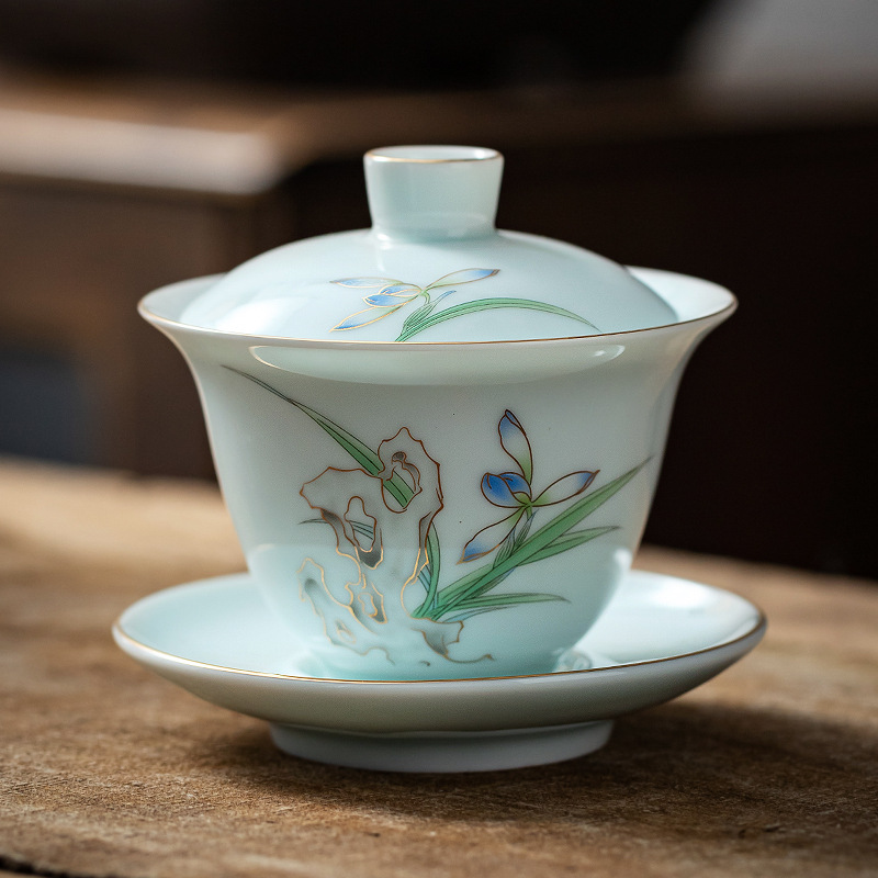 Yangzhi Jade White Porcelain Sancai Lid Bowl Plum Orchid Bamboo Chrysanthemum Mountain Water Single Gold Drawing Large Tea Bowl Ceramic Utensils Wholesale