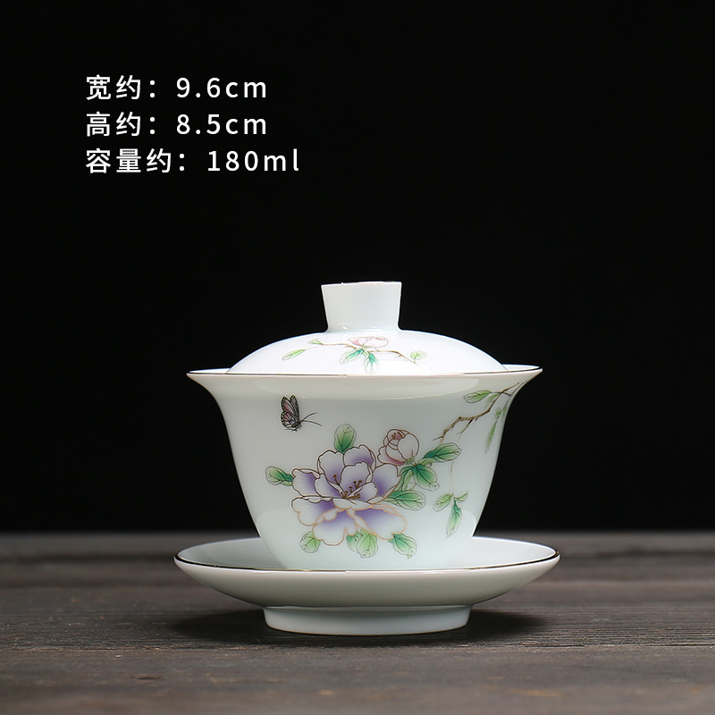 Yangzhi Jade White Porcelain Sancai Lid Bowl Plum Orchid Bamboo Chrysanthemum Mountain Water Single Gold Drawing Large Tea Bowl Ceramic Utensils Wholesale