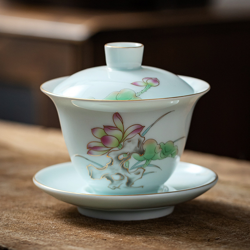 Yangzhi Jade White Porcelain Sancai Lid Bowl Plum Orchid Bamboo Chrysanthemum Mountain Water Single Gold Drawing Large Tea Bowl Ceramic Utensils Wholesale