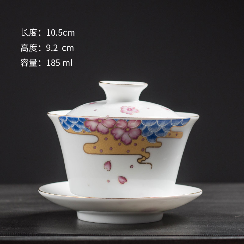 Yangzhi Jade White Porcelain Sancai Lid Bowl Plum Orchid Bamboo Chrysanthemum Mountain Water Single Gold Drawing Large Tea Bowl Ceramic Utensils Wholesale