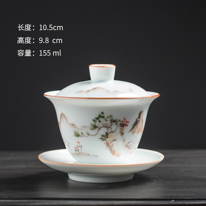 Yangzhi Jade White Porcelain Sancai Lid Bowl Plum Orchid Bamboo Chrysanthemum Mountain Water Single Gold Drawing Large Tea Bowl Ceramic Utensils Wholesale