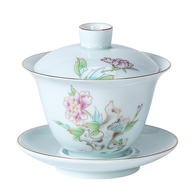 Yangzhi Jade White Porcelain Sancai Lid Bowl Plum Orchid Bamboo Chrysanthemum Mountain Water Single Gold Drawing Large Tea Bowl Ceramic Utensils Wholesale