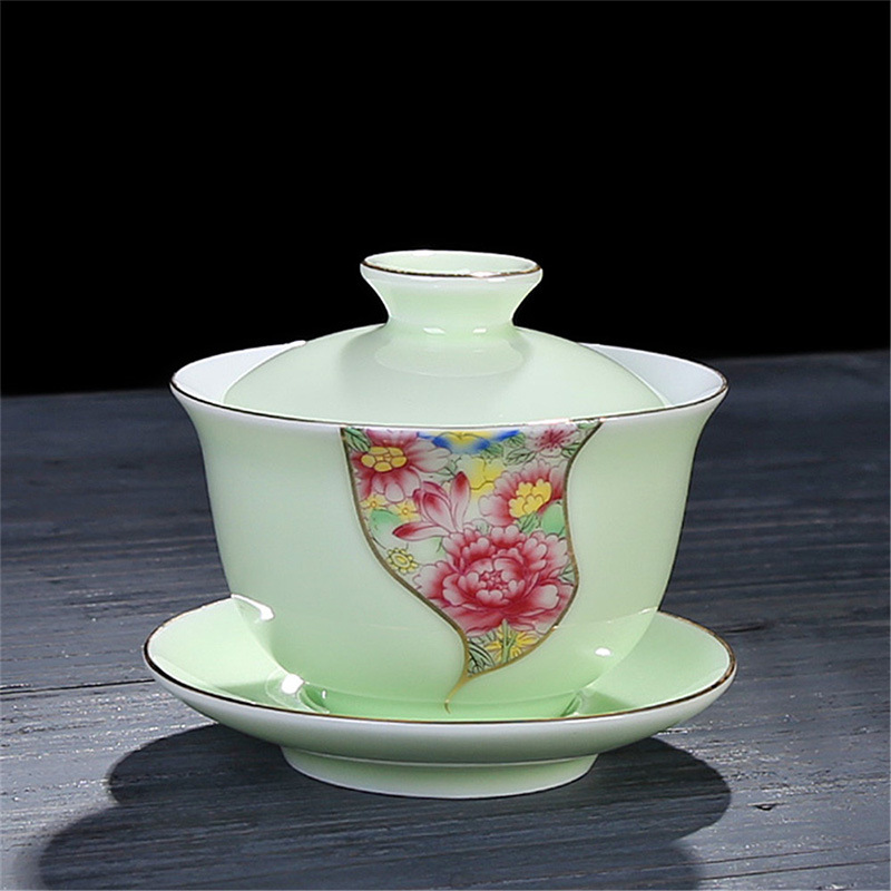 Yangzhi Jade White Porcelain Sancai Lid Bowl Plum Orchid Bamboo Chrysanthemum Mountain Water Single Gold Drawing Large Tea Bowl Ceramic Utensils Wholesale