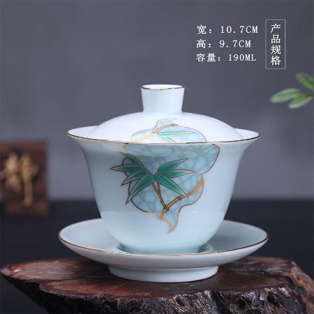 Yangzhi Jade White Porcelain Sancai Lid Bowl Plum Orchid Bamboo Chrysanthemum Mountain Water Single Gold Drawing Large Tea Bowl Ceramic Utensils Wholesale