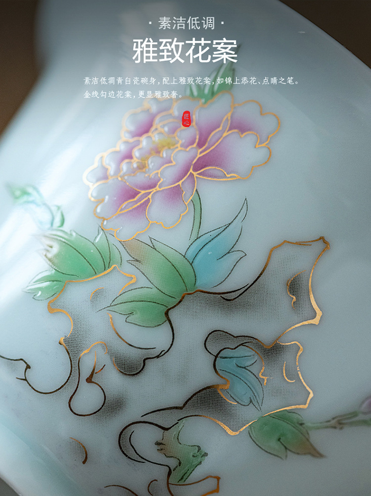 Yangzhi Jade White Porcelain Sancai Lid Bowl Plum Orchid Bamboo Chrysanthemum Mountain Water Single Gold Drawing Large Tea Bowl Ceramic Utensils Wholesale