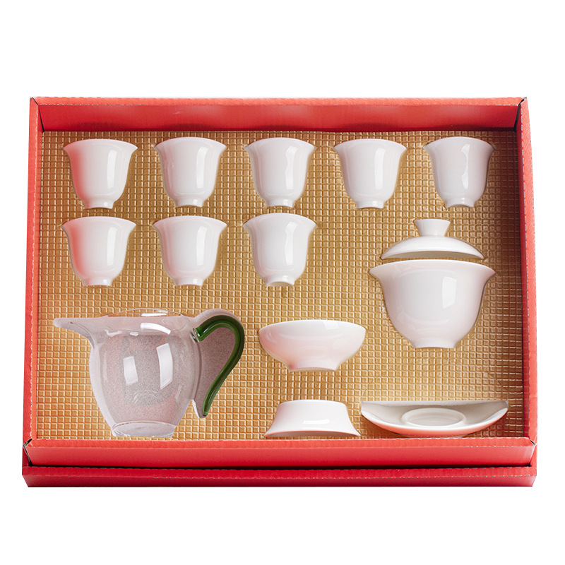 Yangzhi jade white porcelain covered bowl tea set wholesale printed logo red gift box ceramic tea set commemorative gift