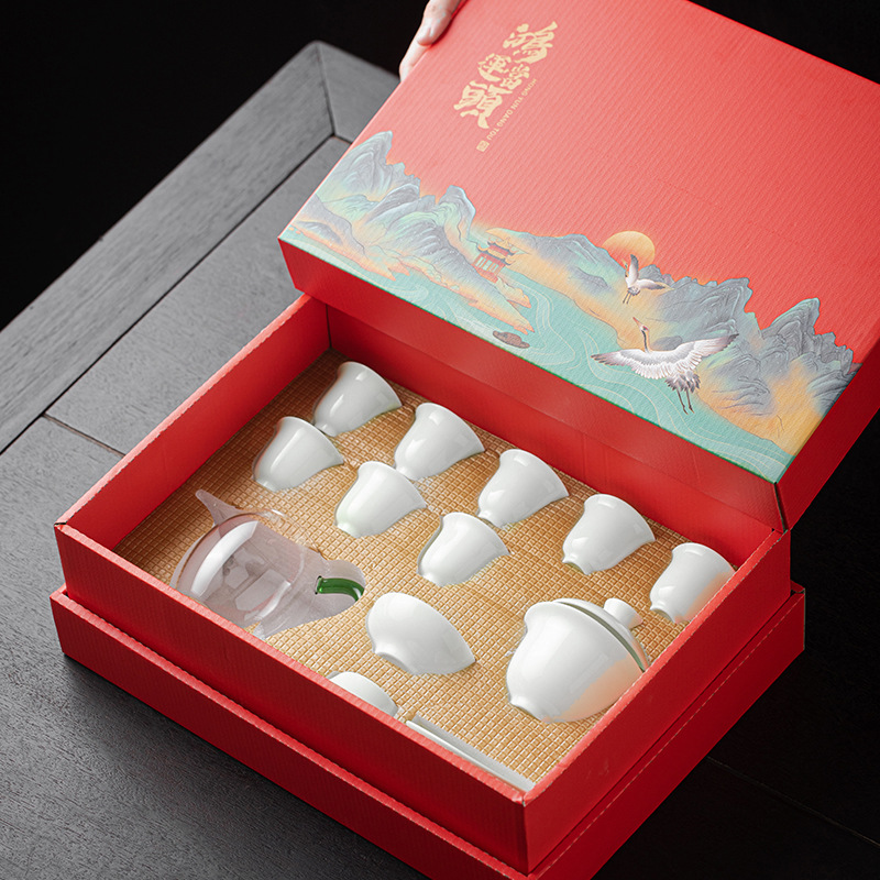 Yangzhi jade white porcelain covered bowl tea set wholesale printed logo red gift box ceramic tea set commemorative gift