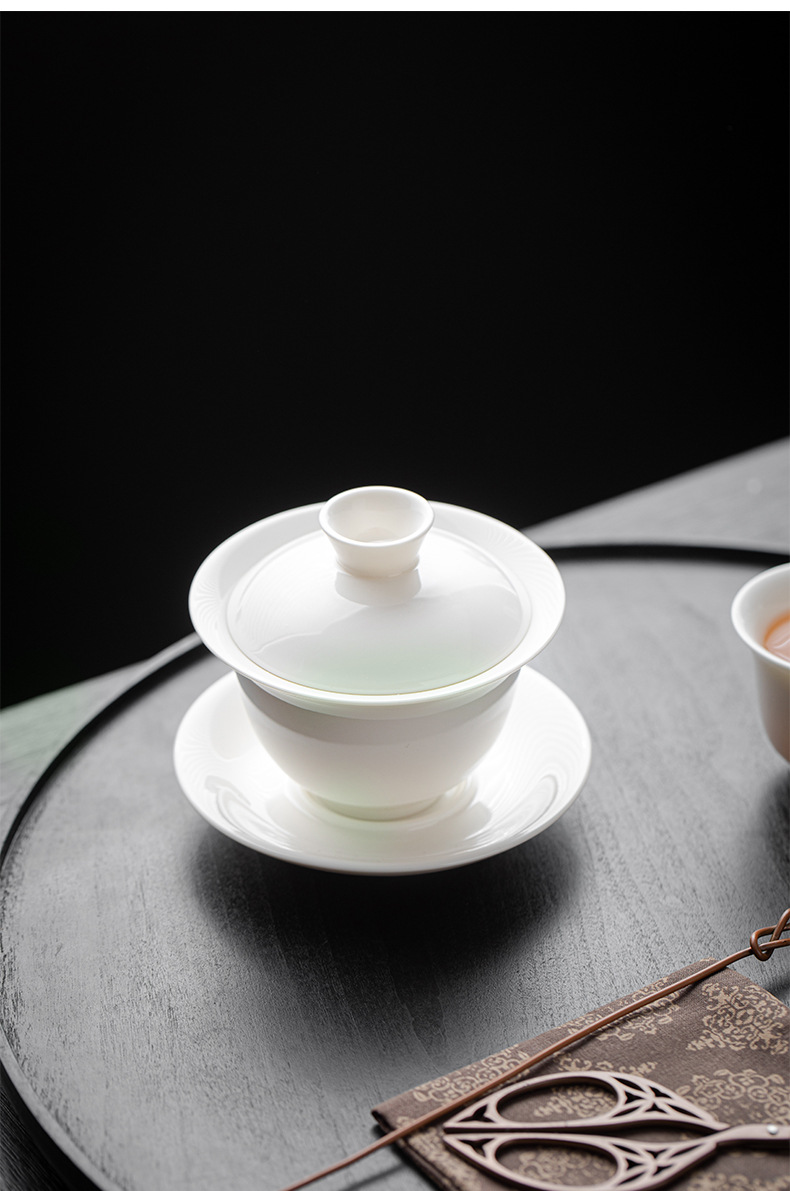 Yangzhi jade white porcelain covered bowl tea set wholesale printed logo red gift box ceramic tea set commemorative gift