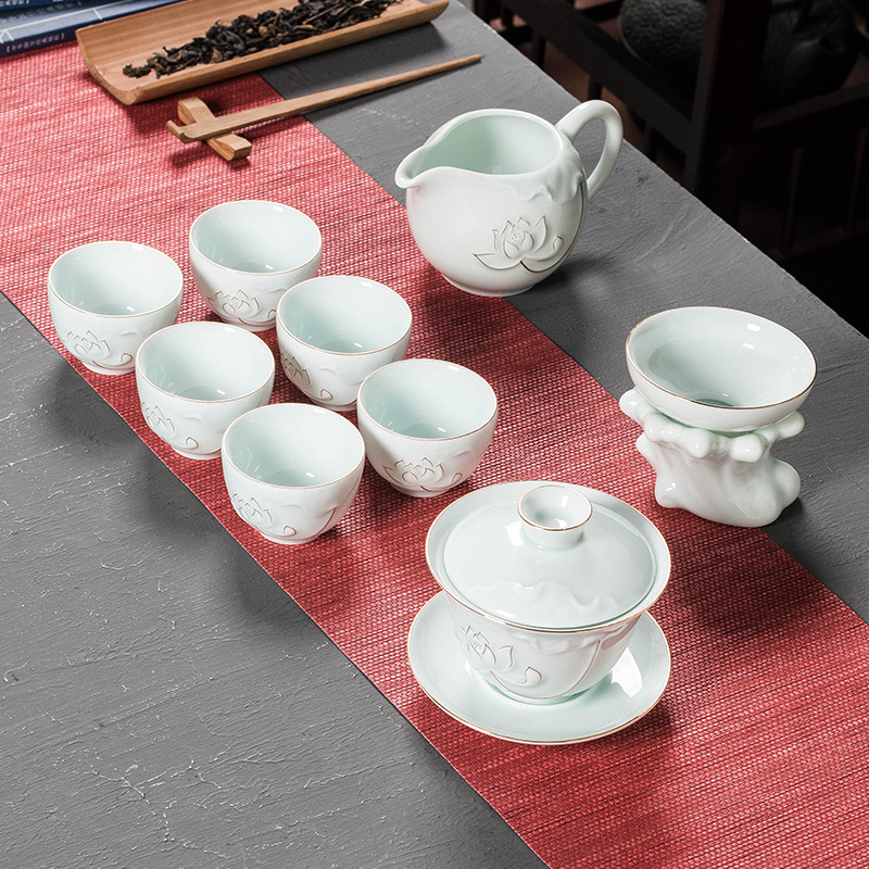 Jinzhu Sancai Bowl Tea Set Logo Lotus Rhyme Teapot Kung Fu Tea Set Wholesale Dehua Ceramics