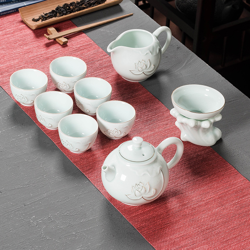 Jinzhu Sancai Bowl Tea Set Logo Lotus Rhyme Teapot Kung Fu Tea Set Wholesale Dehua Ceramics